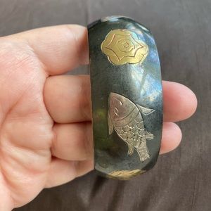 Vintage Brass and Silver toned Bangle with etched fish, flowers, pisces design